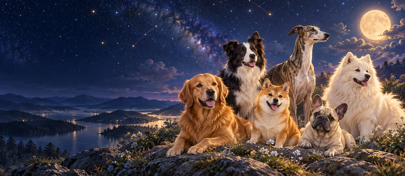 星空下的金毛、边牧、柴犬、灵缇、法国斗牛犬和萨摩耶